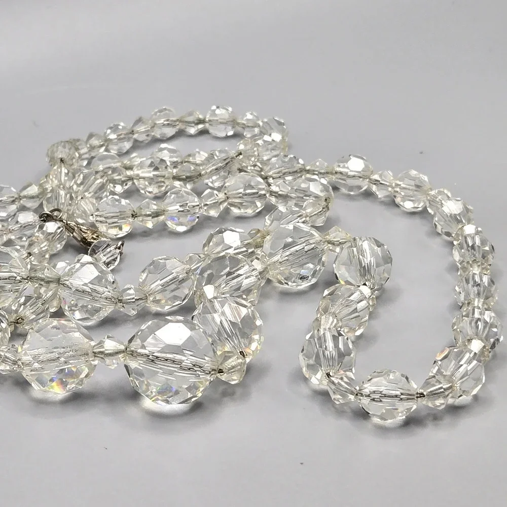Vintage Clear Faceted Crystal Glass Bead Graduated Necklace 30 In Filigree Clasp